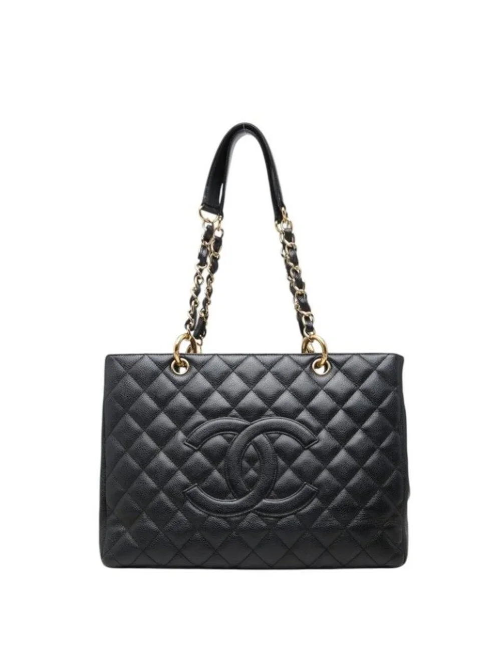 Chanel CC Logo Quilted Grand Shopping Tote GST Chain Shoulder Bag Black Caviar